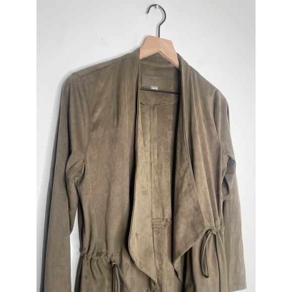 Blank NYC Faux Suede Draped Moto Jacket Small Olive Green Waterfall Open Front - Picture 5 of 11